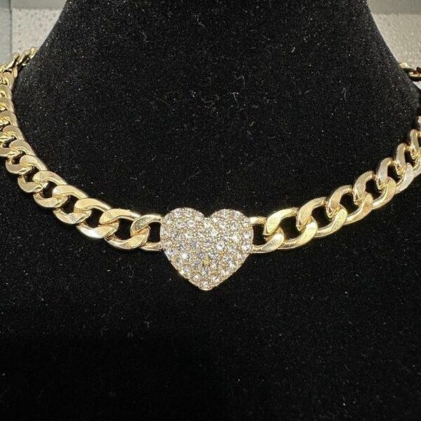 Cadena Corazon Colgante diamantes imitación con tejido cadena cubano enchapado en oro 14k