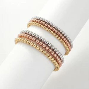 Juego de 3 pulseras de cuentas de metal con baño de oro tricolor de 14 k