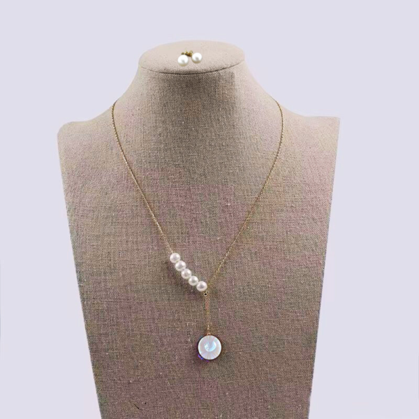 Set Collar Acero Inoxidable Colgante Perla Plana y 5 redondas
