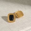 Arete Vintage piedra onix negra sublime de acero inoxidable enchapado en oro de 18k