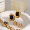 Arete Vintage piedra onix negra sublime de acero inoxidable enchapado en oro de 18k