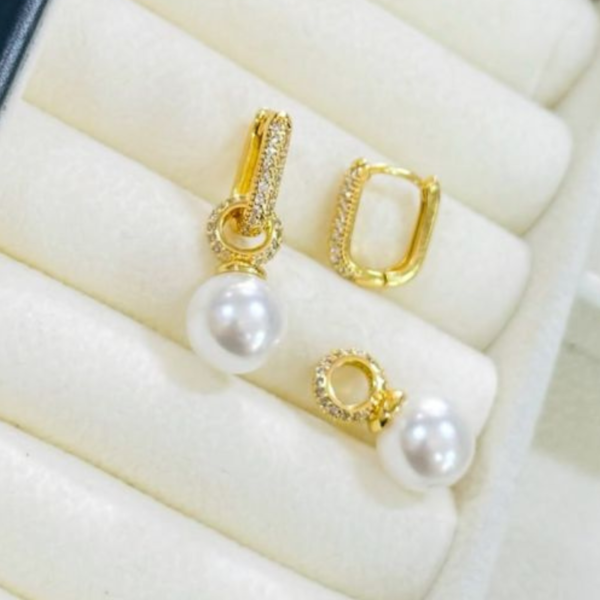 Argollas Doble Uso Perla Impecable y Circones Enchapado 14k