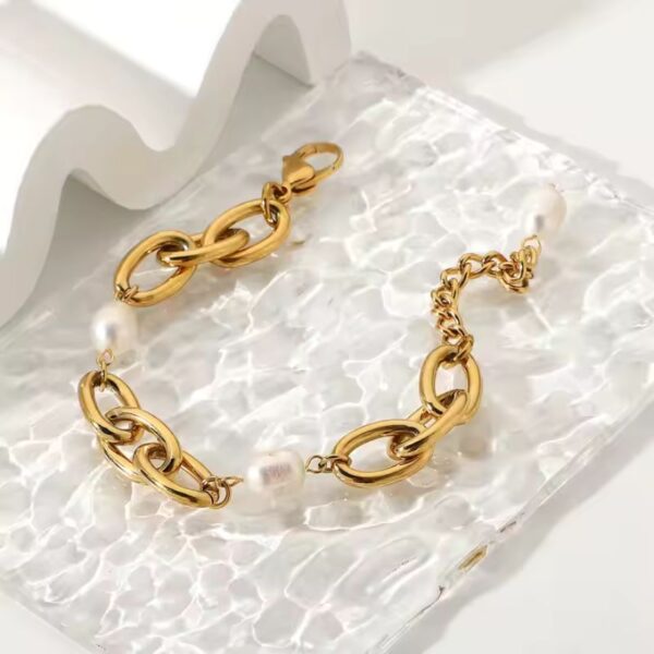 Pulsera Perlas acero inoxidable barroca enchapada en oro 18k eslabones espectacular