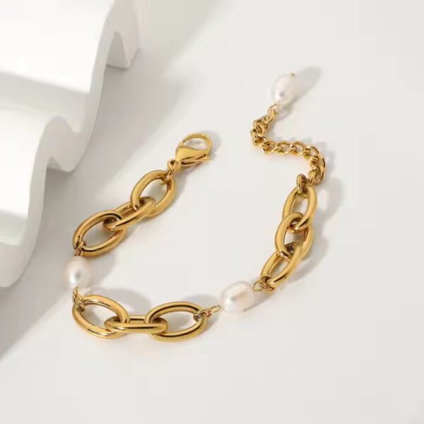 Pulsera Perlas acero inoxidable barroca enchapada en oro 18k eslabones espectacular