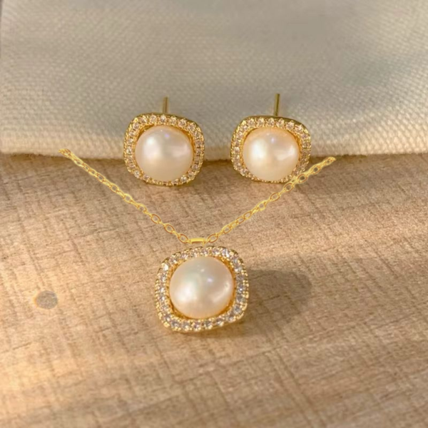 Cadena de Perlas Hermoso Set 3 Enchapado en Oro Estilo Clasico