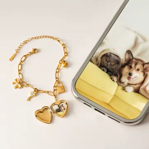Amor Pulsera con colgante de foto de amor de acero inoxidable para personalizar foto de oro de 18k felicidad