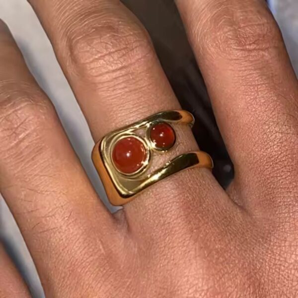Anillo de Acero Inoxidable de Lujo laminado de oro de 18k  abierto hueco pulido agata redonda