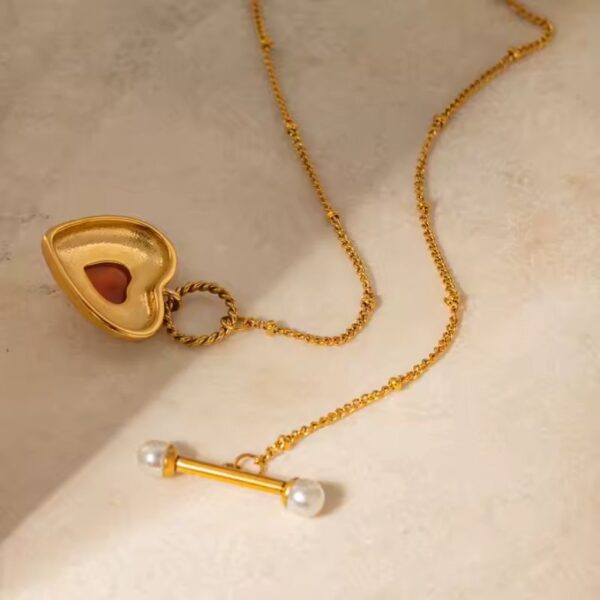 Collar con colgante en forma de corazón piedra ágata roja enchapado en oro de 18k de acero inoxidable con perlas hermoso