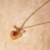 Collar con colgante en forma de corazón piedra ágata roja enchapado en oro de 18k de acero inoxidable con perlas hermoso