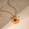 Collar con colgante en forma de corazón piedra ágata roja enchapado en oro de 18k de acero inoxidable con perlas hermoso